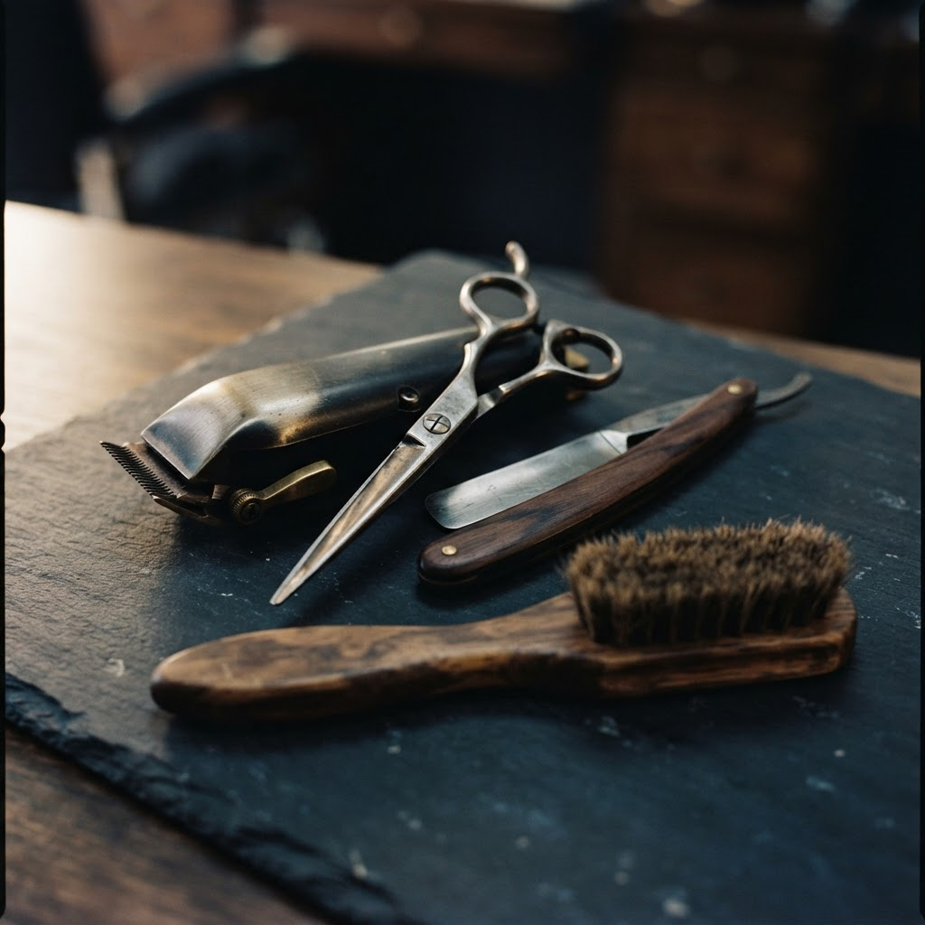 Professional barber tools — scissors, a straight razor, clippers, and a brush — arranged on a dark surface